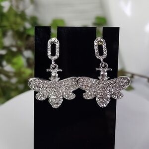 Silver with Crystal Stones Bee Dangle Earrings New